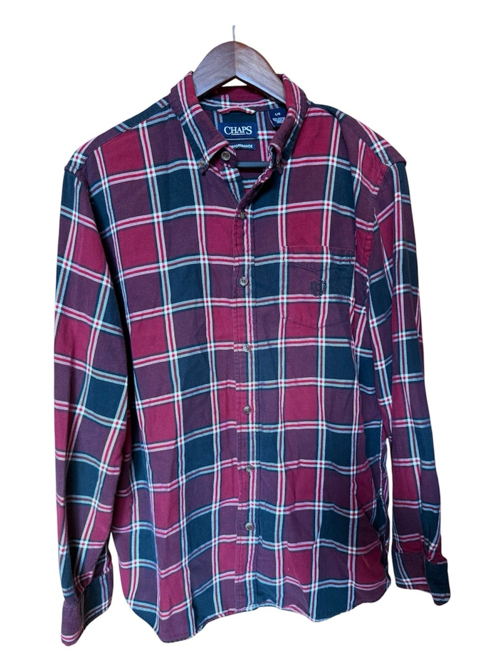 Chaps Men's Burgundy and Navy Plaid Button-Down Flannel Shirt. Size Large.